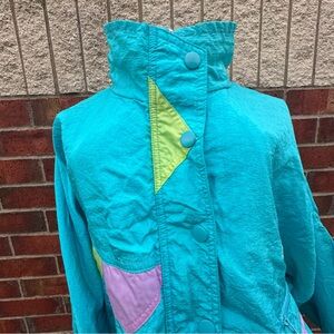 VTG Puma Windbreaker Colorblock Turquoise Zip Snap Nylon Performance Mesh Sz L